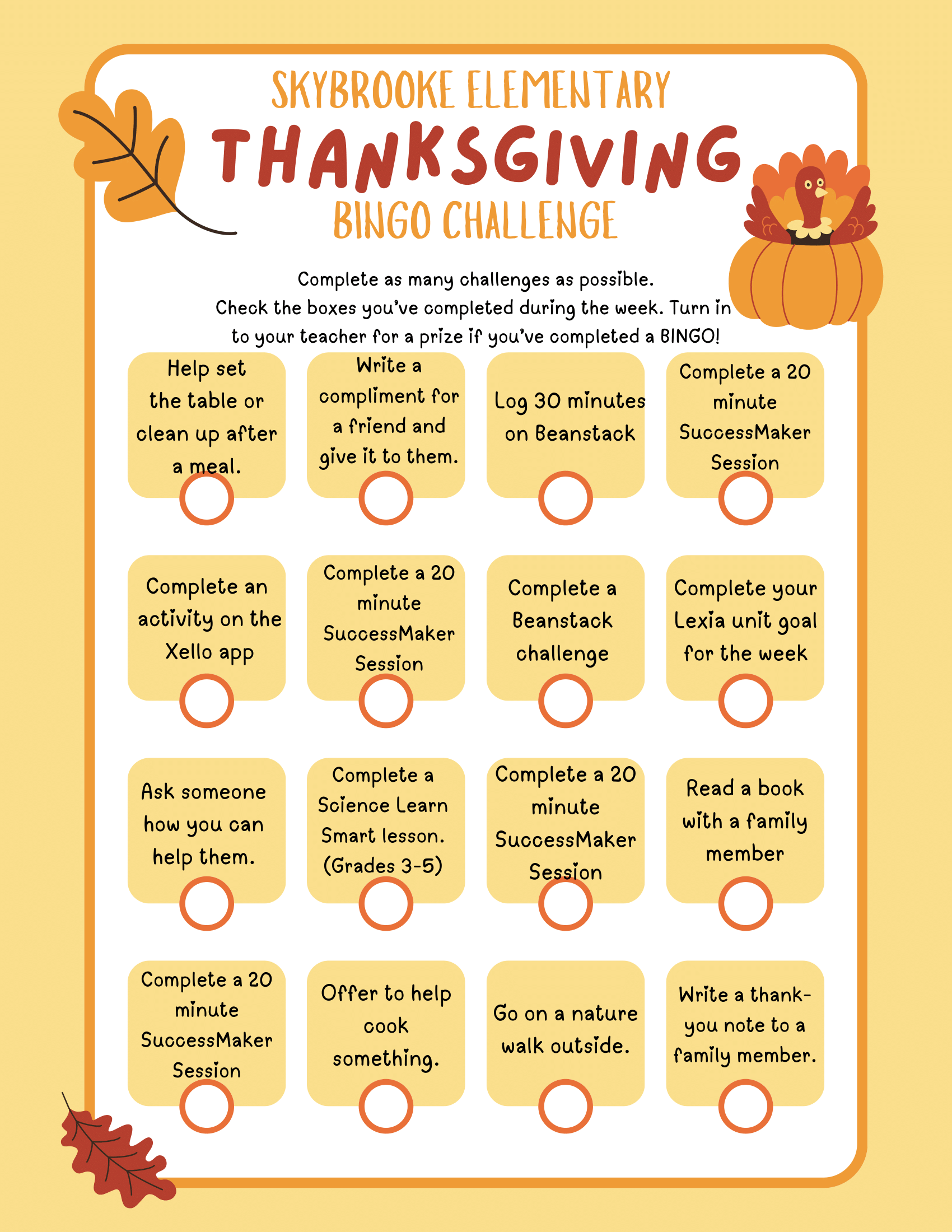 <p>Elementary Thanksgiving Bingo Challenge Card</p>
